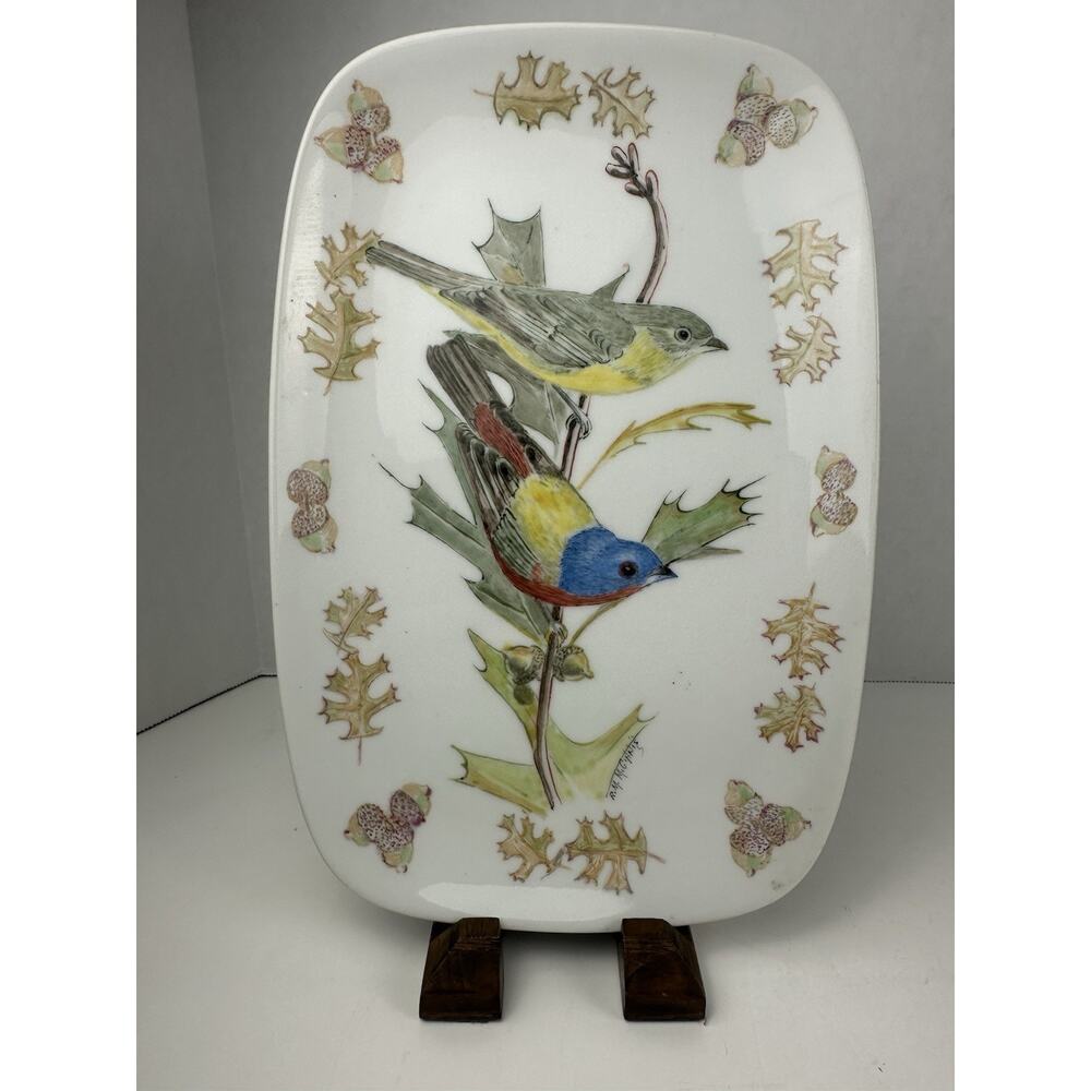 Hand Painted Buntings On Porcelain Plate, Birds On Oak Branch Signed RM McGinnis